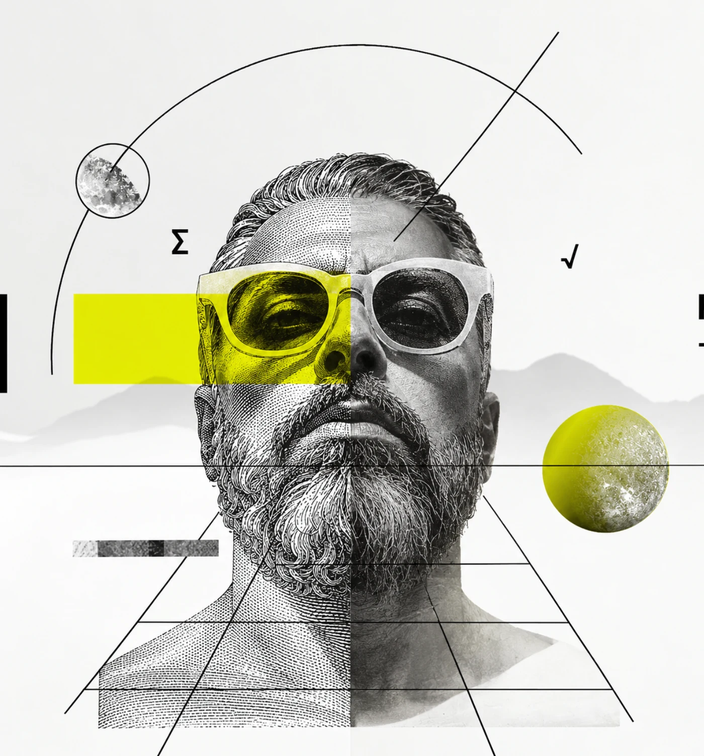 Portrait d'Olivier Brigante en collage : moitié gravure, moitié photographie, lunettes jaune acide